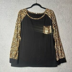 Womens Top‎ 2XL Black Tan Long Sleeve Crew Neck Sequined Pocket Leopard Top